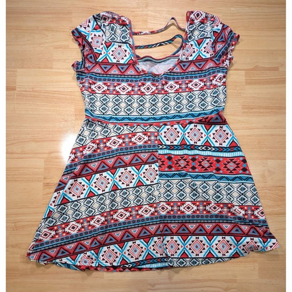 Bobbie Brooks Womens XL Tribal Geometric Fit & Flare Dress Strappy Back Red Blue